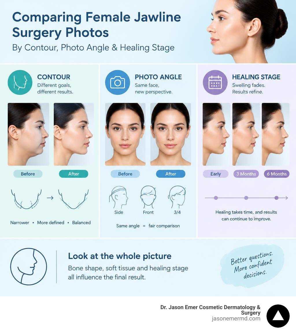 Infographic on comparing female jawline surgery photos by contour, photo angle, and healing stage infographic