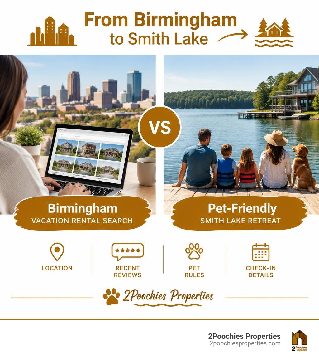Birmingham vacation rental search compared with a pet-friendly Smith Lake retreat infographic