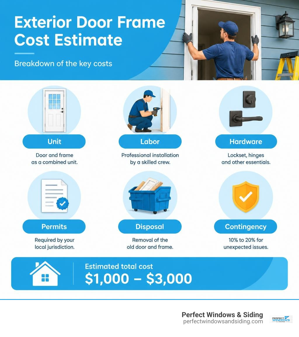 Exterior door frame planning guide showing unit, labor, hardware, permits, disposal, and contingency infographic