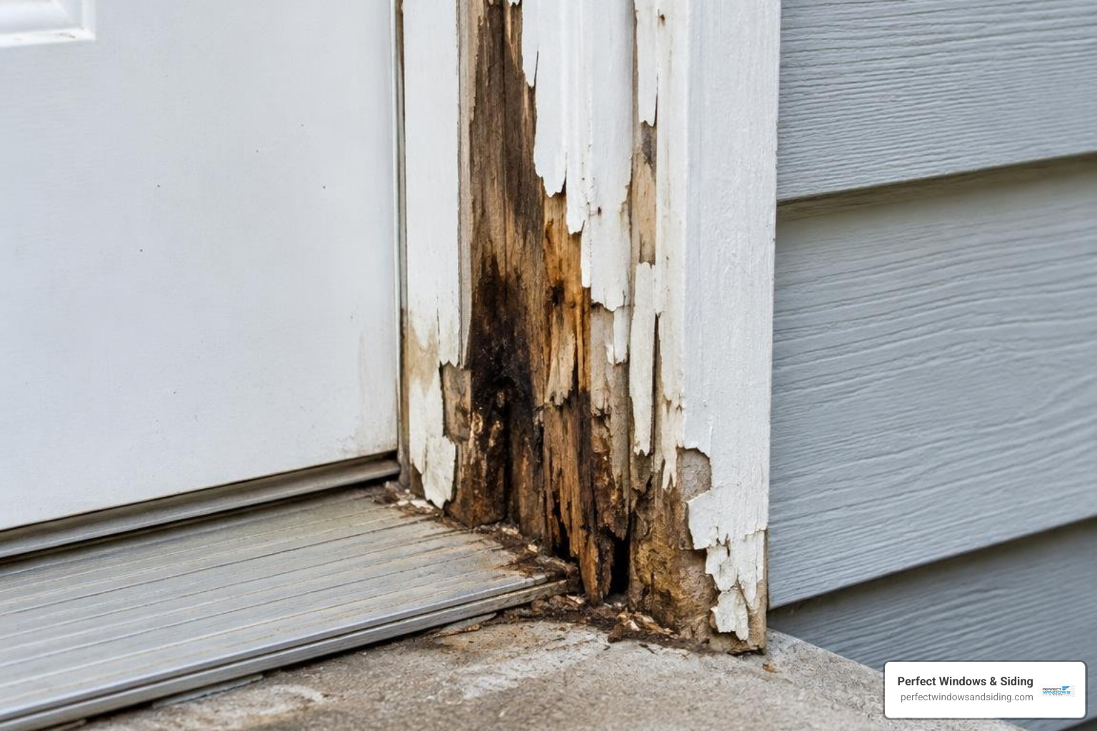 Inspecting an exterior door jamb corner for wood rot and moisture damage