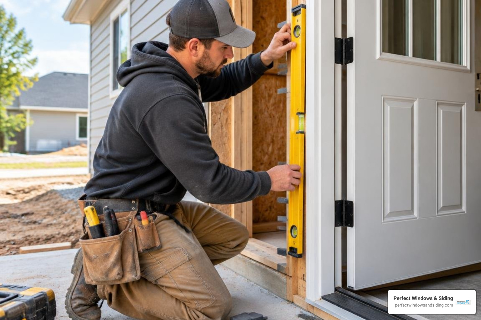 Carpenter fitting an exterior door frame using a level and composite shims