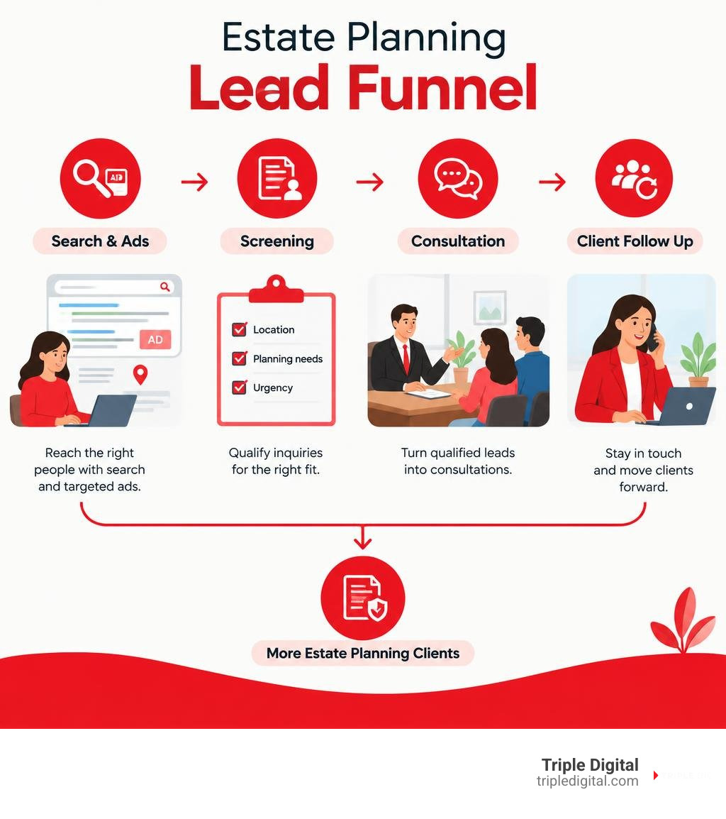 Estate planning lead funnel from search and ads through screening consultation and client follow up infographic Estate planning lead funnel from search and ads through screening consultation and client follow up infographic