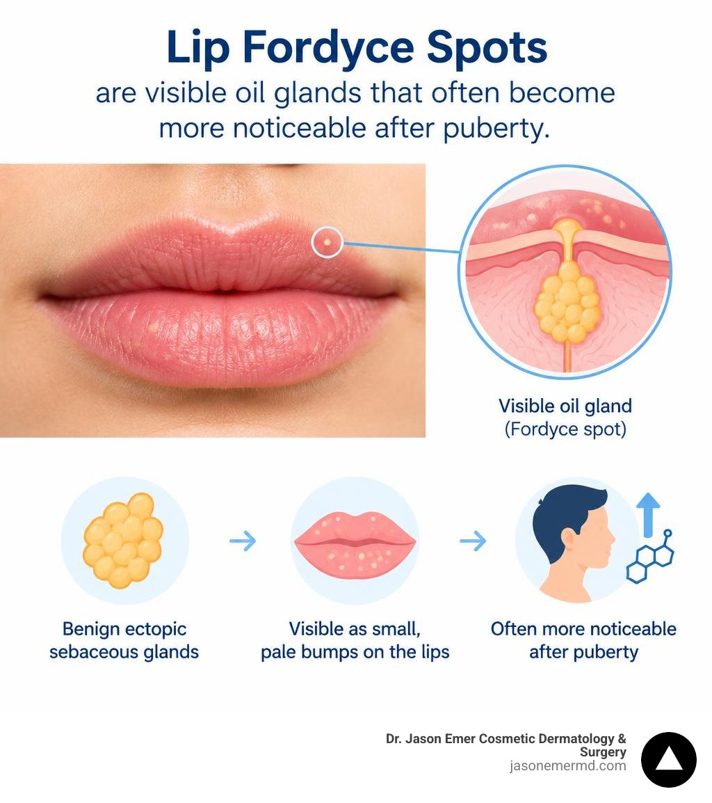 Lip Fordyce spots are visible oil glands that often become more noticeable after puberty infographic