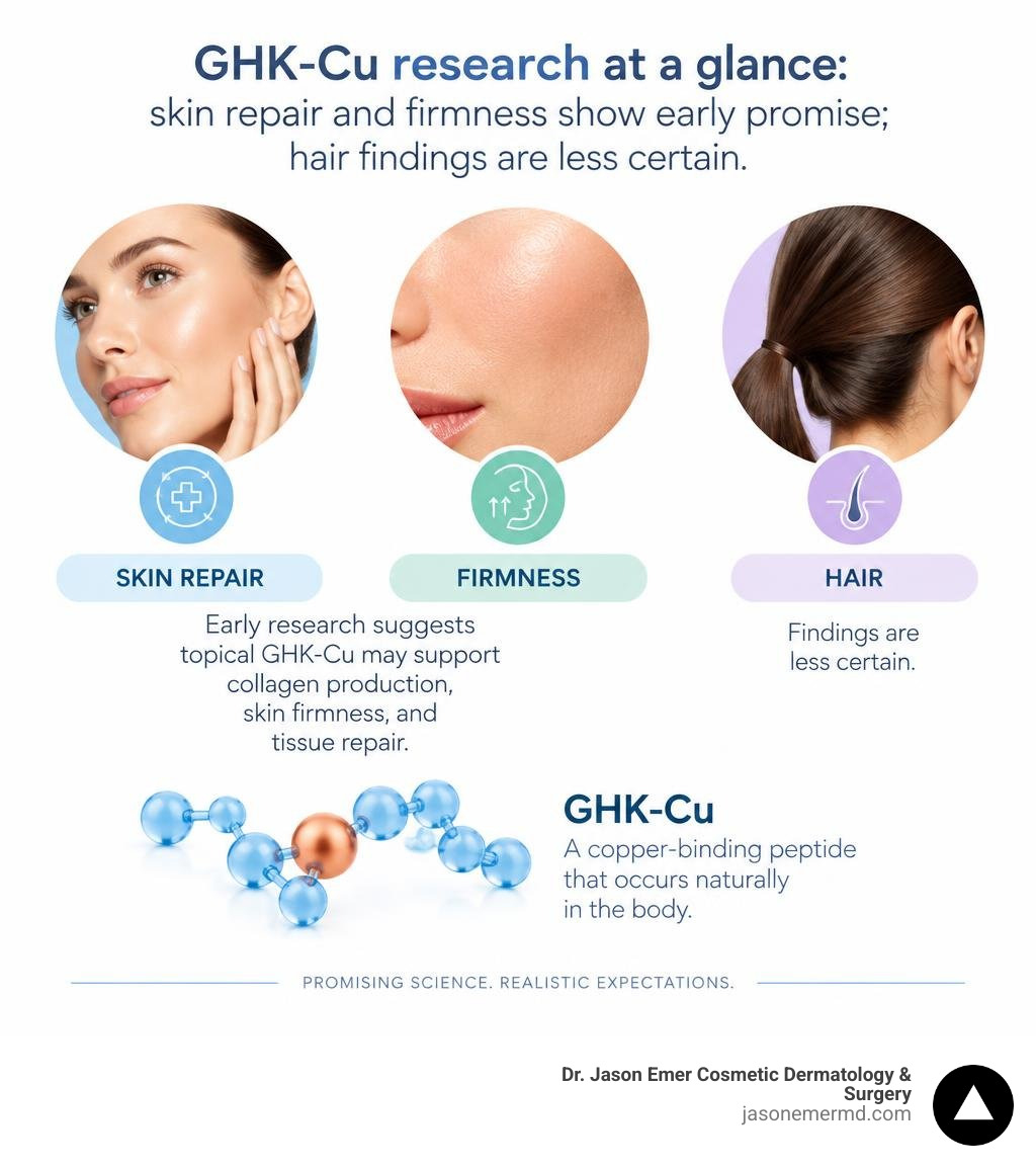 GHK-Cu research at a glance: skin repair and firmness show early promise; hair findings are less certain infographic