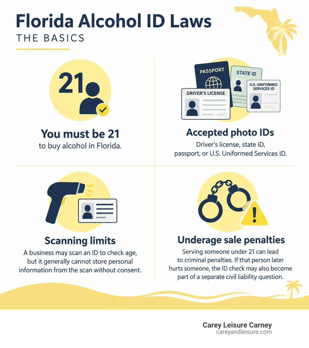 Florida alcohol ID rules: age 21, accepted photo IDs, scanning limits, and underage sale penalties infographic