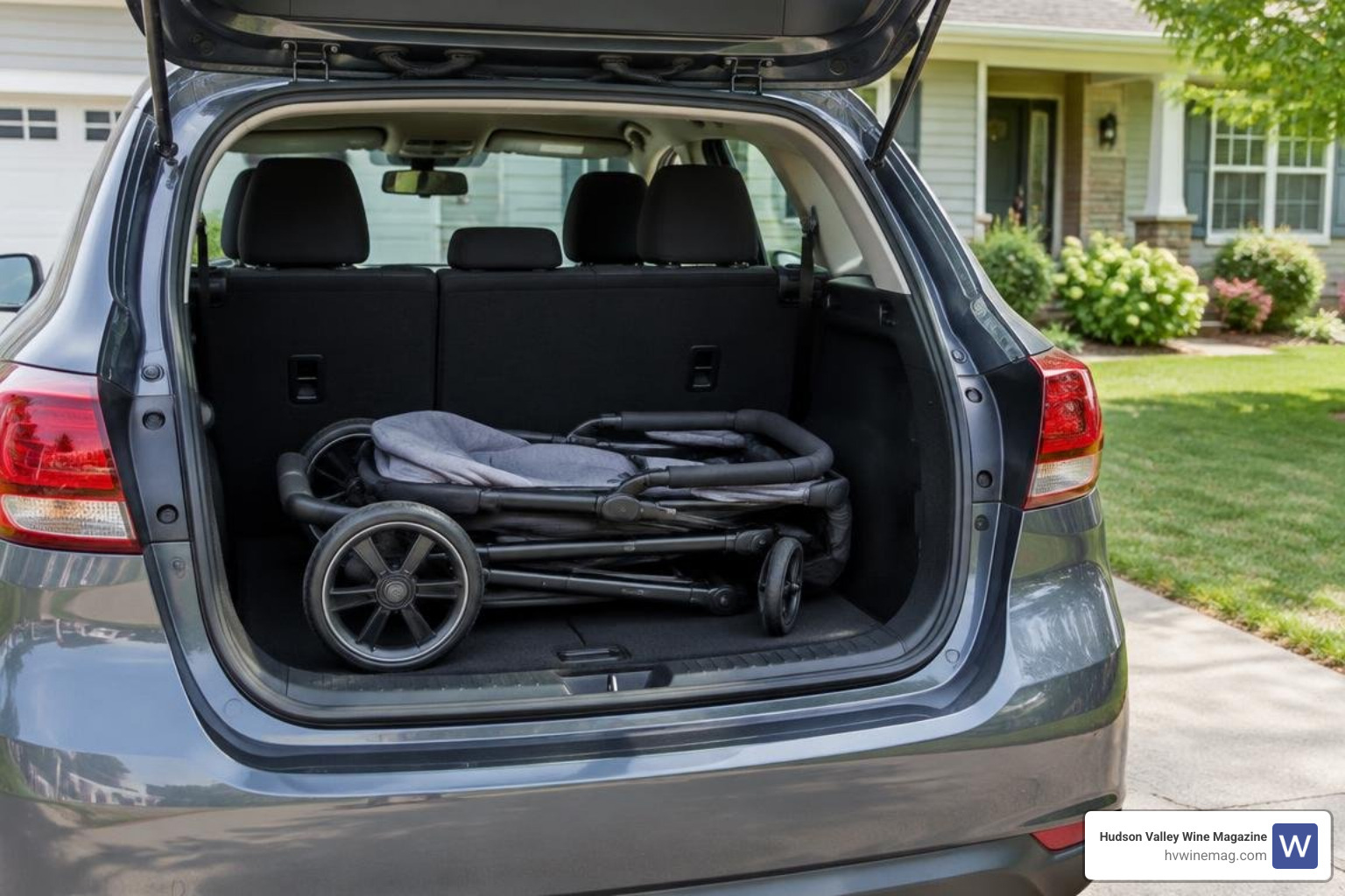 folded stroller placed in a compact car trunk folded stroller placed in a compact car trunk