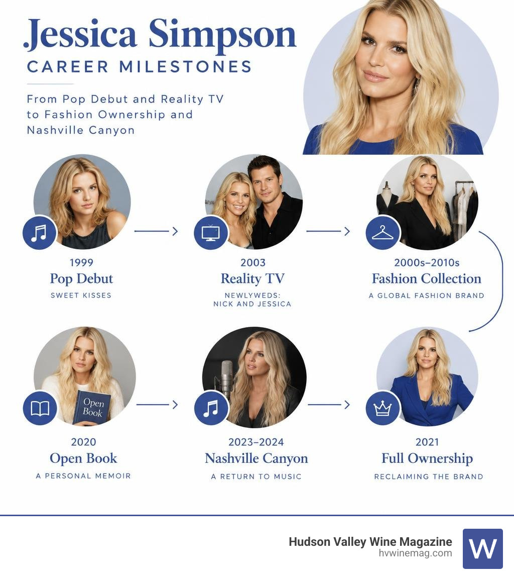 Jessica Simpson career milestones from pop debut and reality TV to fashion ownership and Nashville Canyon infographic Jessica Simpson career milestones from pop debut and reality TV to fashion ownership and Nashville Canyon infographic