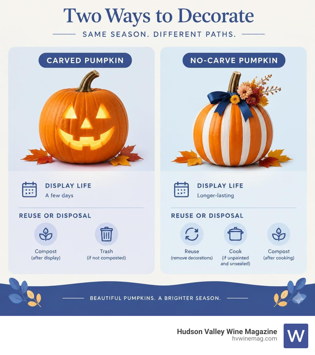 Comparison of carved and no-carve pumpkins, showing display life and options for reuse or disposal infographic Comparison of carved and no-carve pumpkins, showing display life and options for reuse or disposal infographic