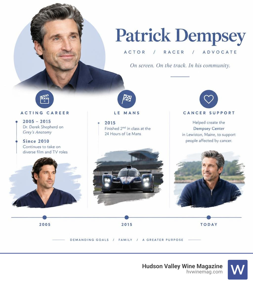 Timeline of Patrick Dempsey's acting career, Le Mans result, and cancer support work infographic Timeline of Patrick Dempsey's acting career, Le Mans result, and cancer support work infographic