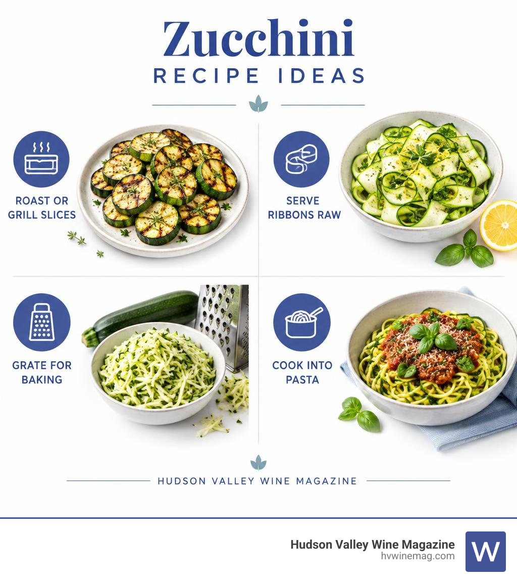 Zucchini recipe ideas: roast or grill slices, serve ribbons raw, grate for baking, or cook into pasta infographic Zucchini recipe ideas: roast or grill slices, serve ribbons raw, grate for baking, or cook into pasta infographic