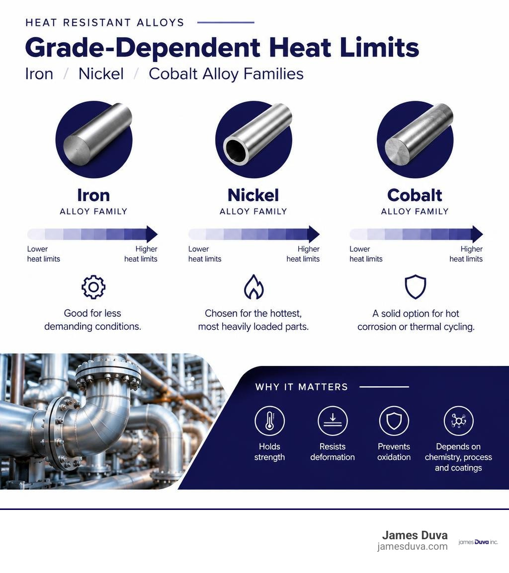 Comparison of grade-dependent heat limits for iron, nickel, and cobalt alloy families infographic