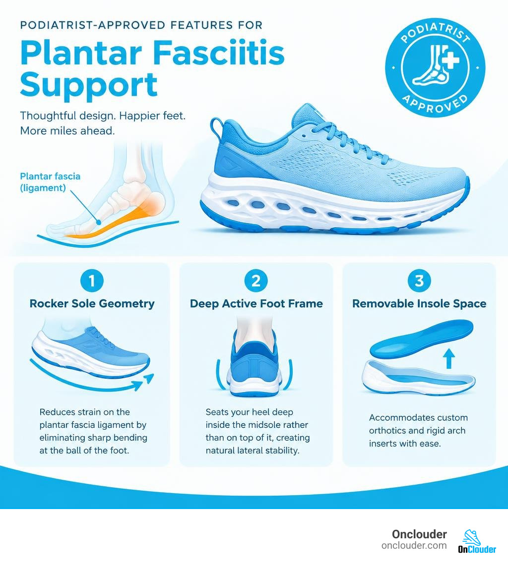 Infographic detailing podiatrist-approved features for plantar fasciitis support infographic