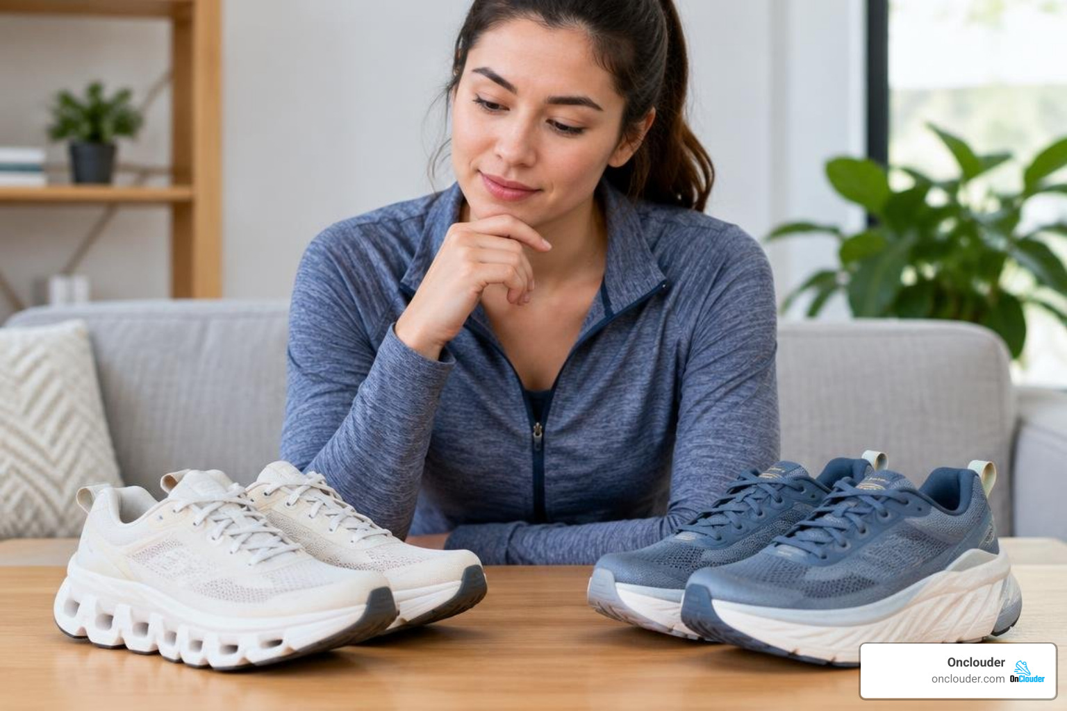 Lifestyle flat-lay showing On Cloud styled with athleisure and Hoka with casual streetwear