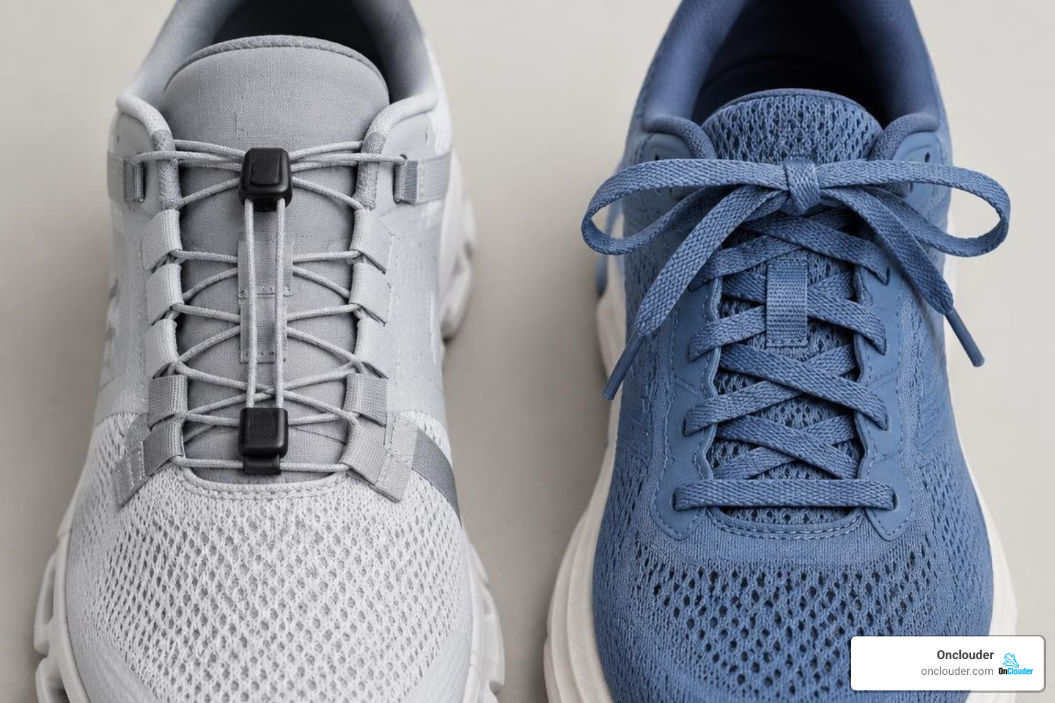Close-up of On Cloud speed elastic laces versus traditional Hoka tie laces