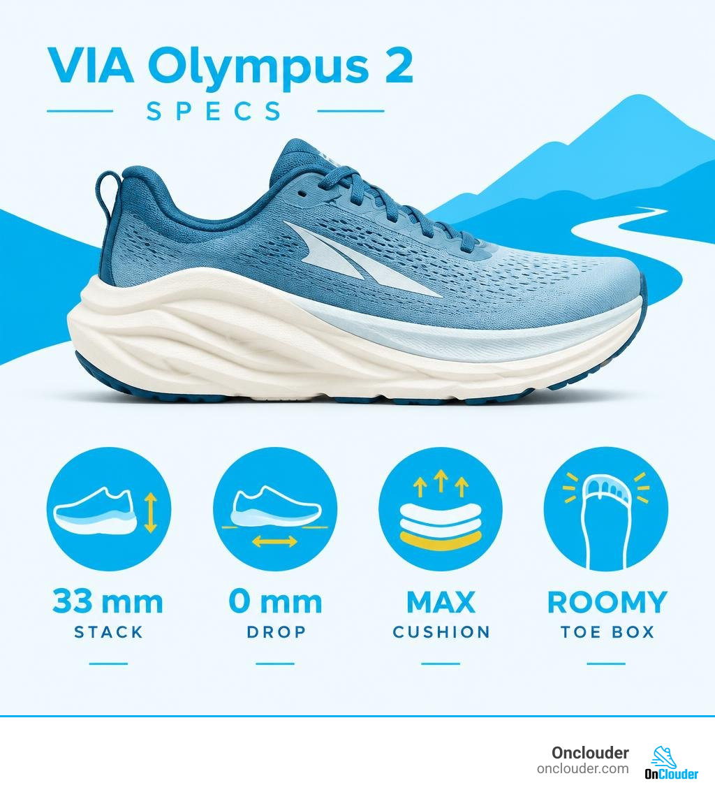 VIA Olympus 2 specs: 33 mm stack, 0 mm drop, max cushion, roomy toe box infographic