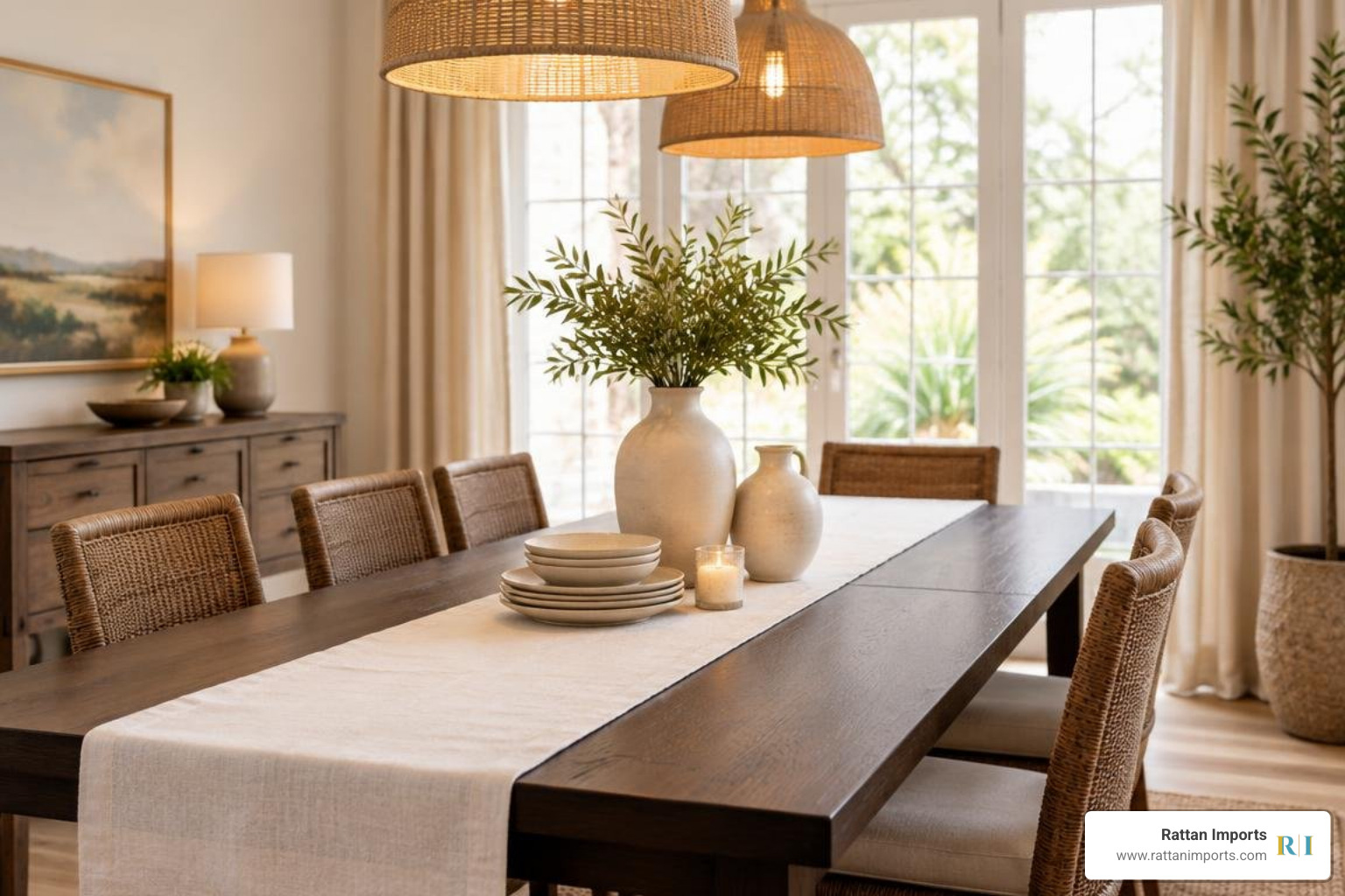 Dining table decor featuring linen runners, neutral ceramics, and subtle lighting Dining table decor featuring linen runners, neutral ceramics, and subtle lighting