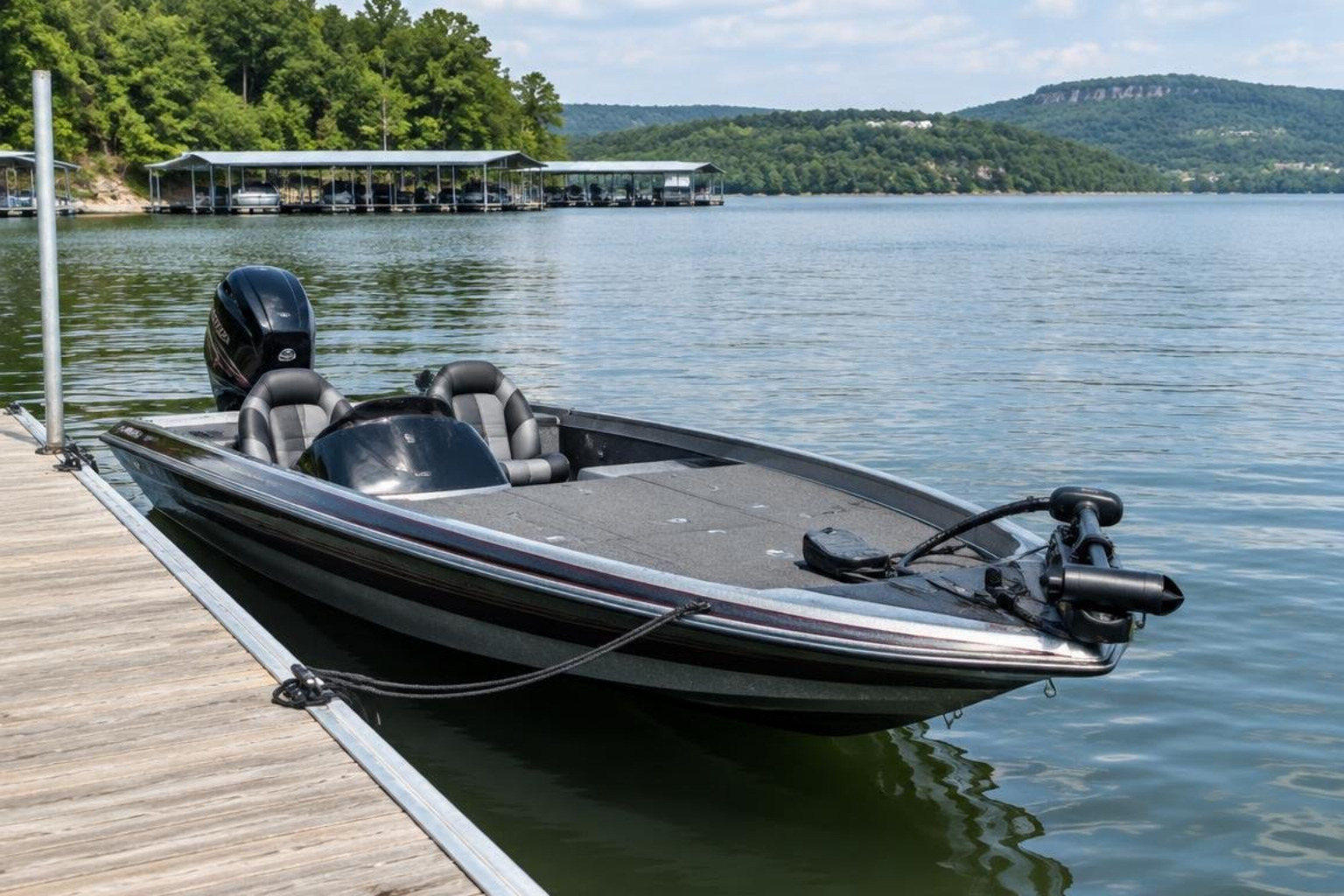 Recreational boat docked on Lake Guntersville in North Alabama Recreational boat docked on Lake Guntersville in North Alabama