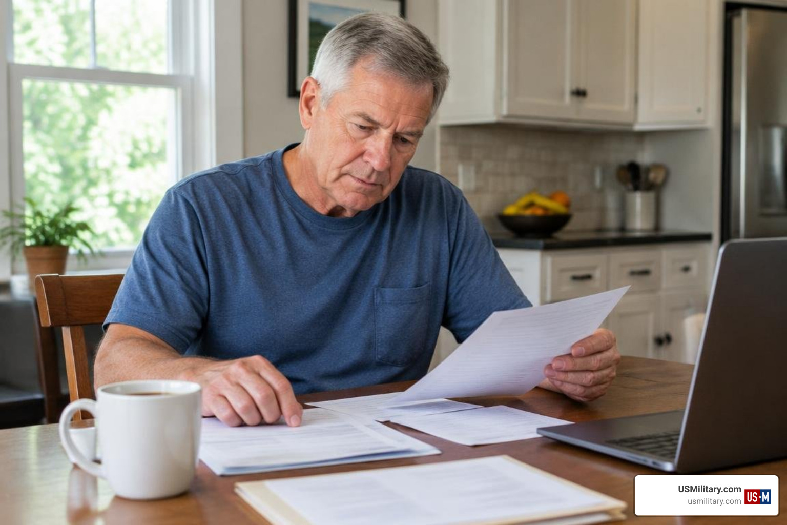 American military veteran reviewing retirement paperwork American military veteran reviewing retirement paperwork