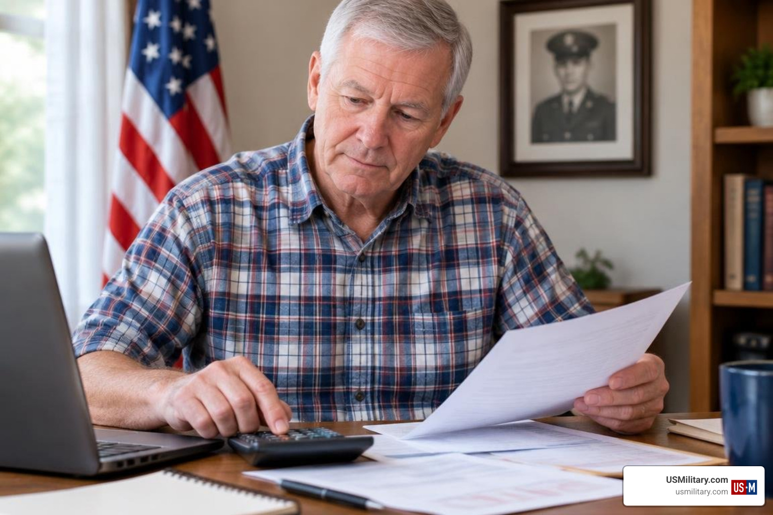 Retired American military veteran reviewing financial statements at home Retired American military veteran reviewing financial statements at home