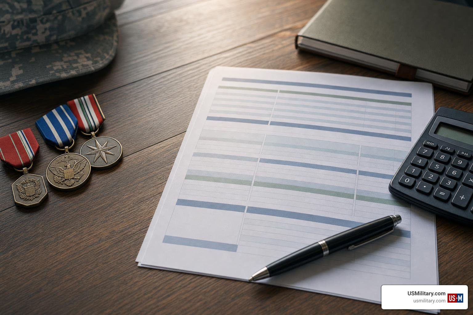 Military medals and financial planning worksheets on a desk Military medals and financial planning worksheets on a desk