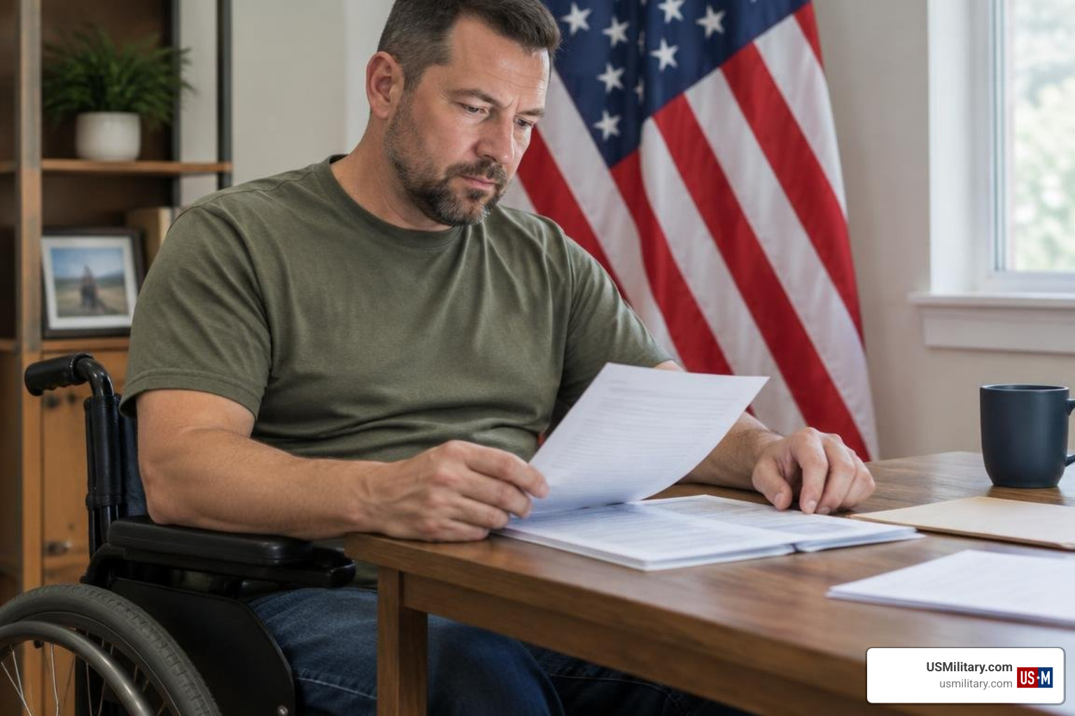 Disabled American veteran reviewing benefit statements Disabled American veteran reviewing benefit statements