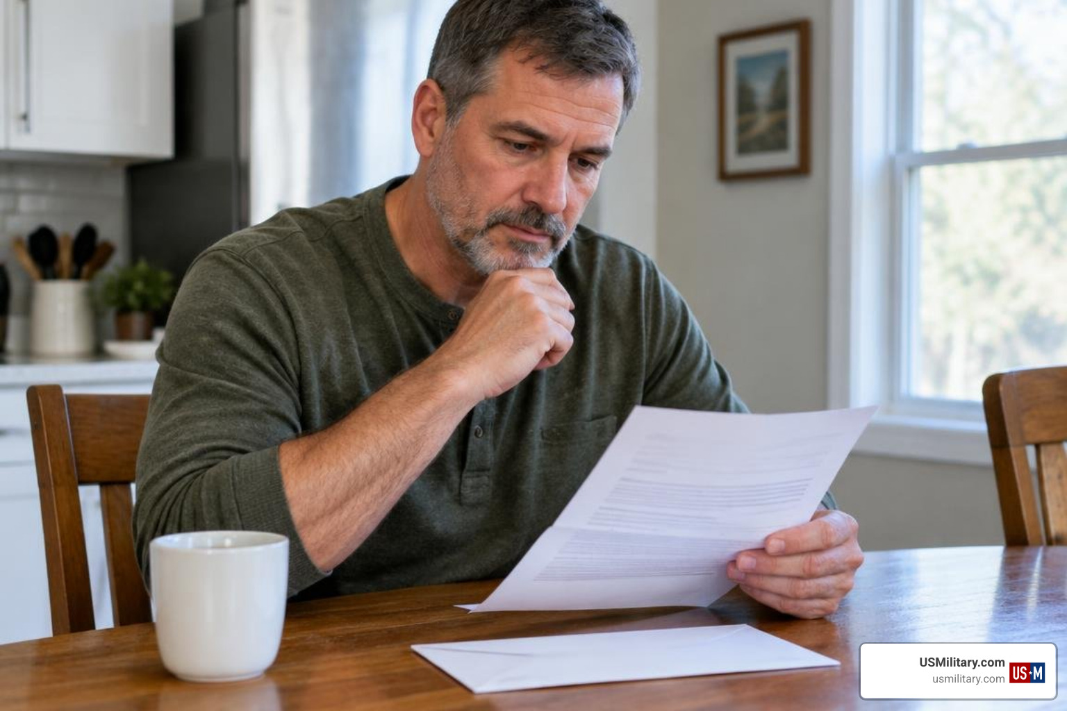 US Army veteran reviewing disability compensation letter US Army veteran reviewing disability compensation letter
