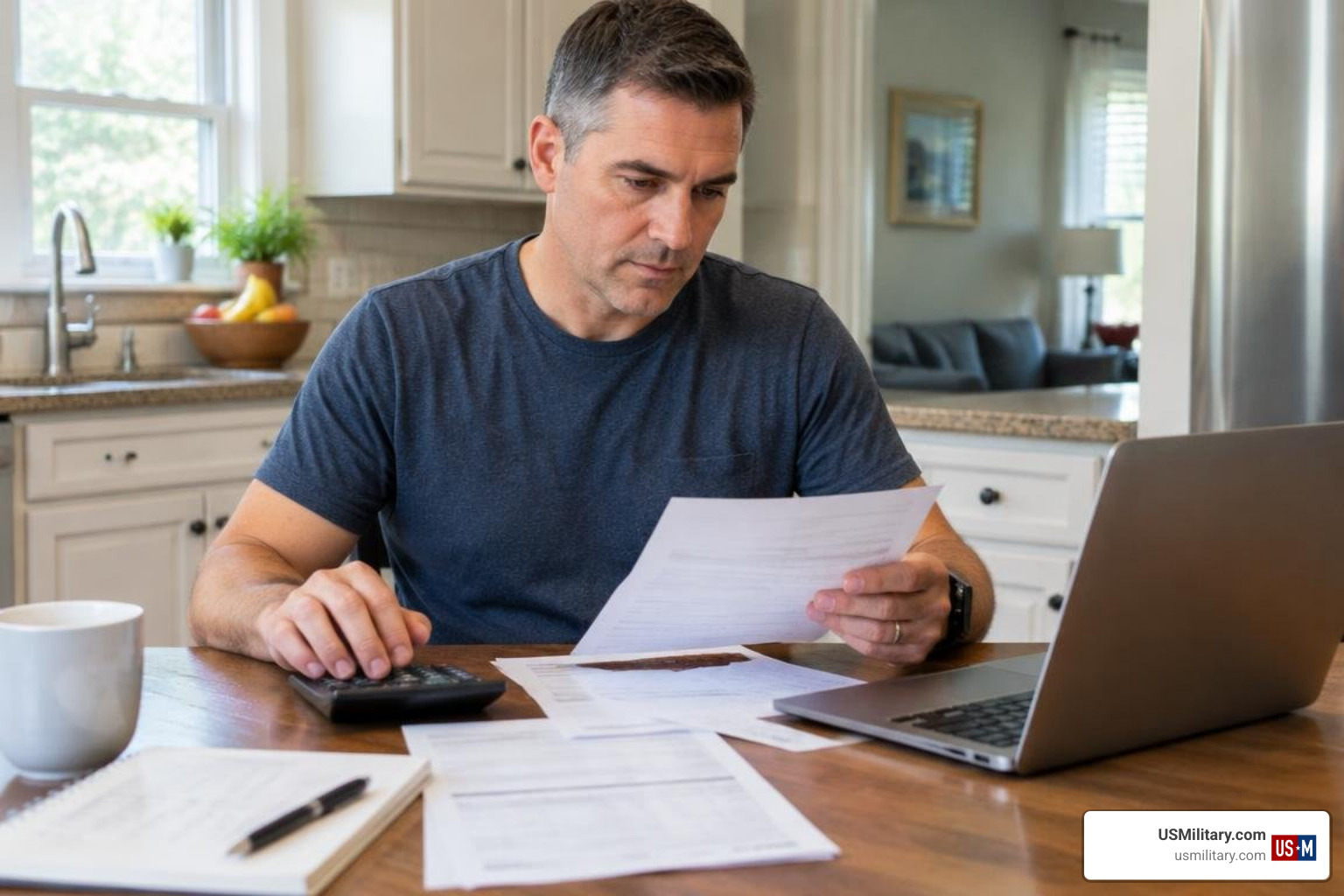 American military veteran checking household financial budget American military veteran checking household financial budget