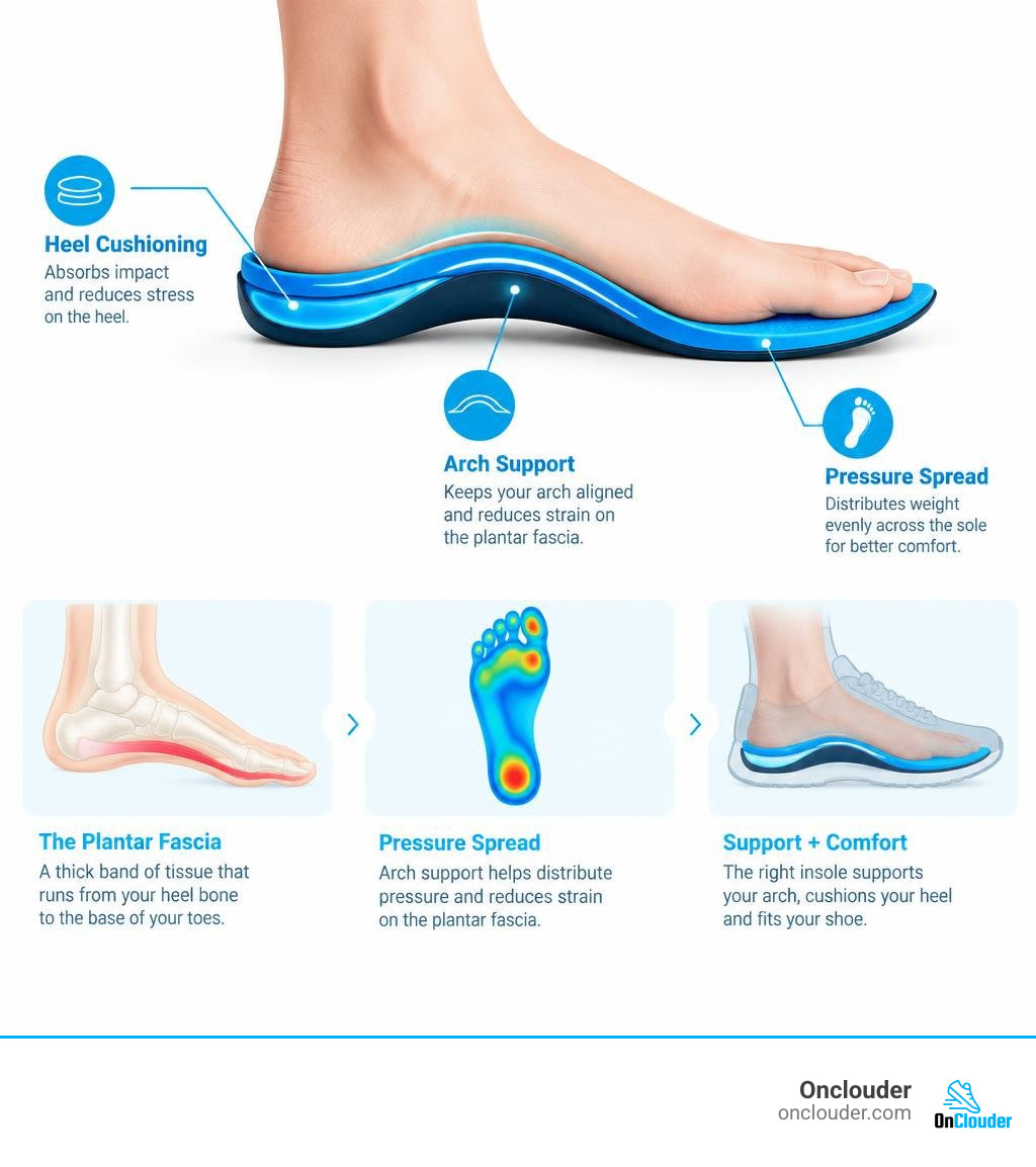Foot and insole showing arch support, heel cushioning, and pressure spread across the sole infographic
