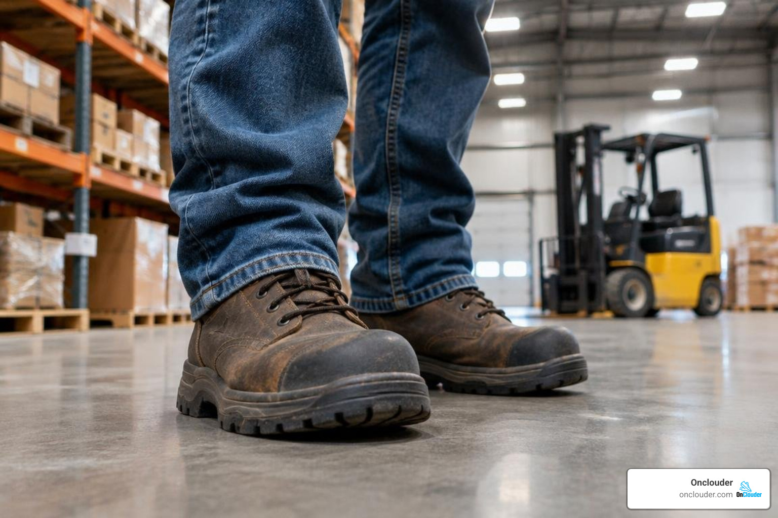 Worker standing on hard concrete in occupational boots