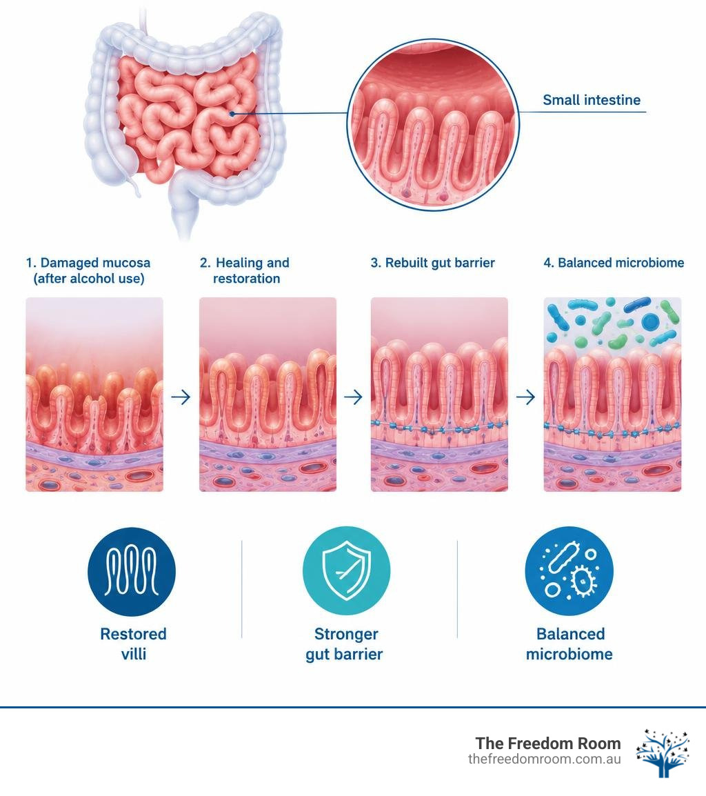 Medical infographic showing small intestinal mucosal healing, restored villi, gut barrier recovery, and microbiome balance