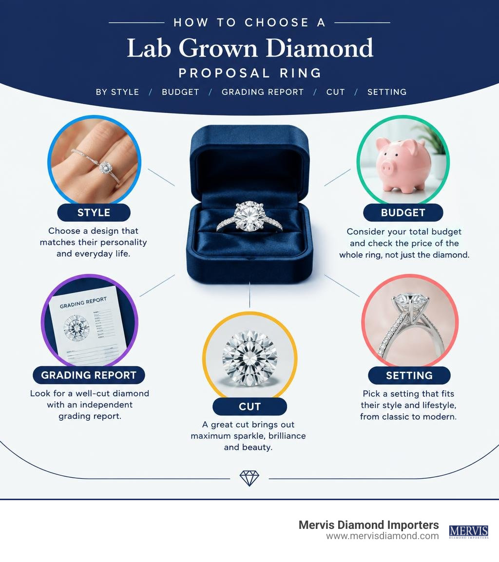 How to choose a lab grown diamond proposal ring by style, budget, grading report, cut, and setting infographic How to choose a lab grown diamond proposal ring by style, budget, grading report, cut, and setting infographic