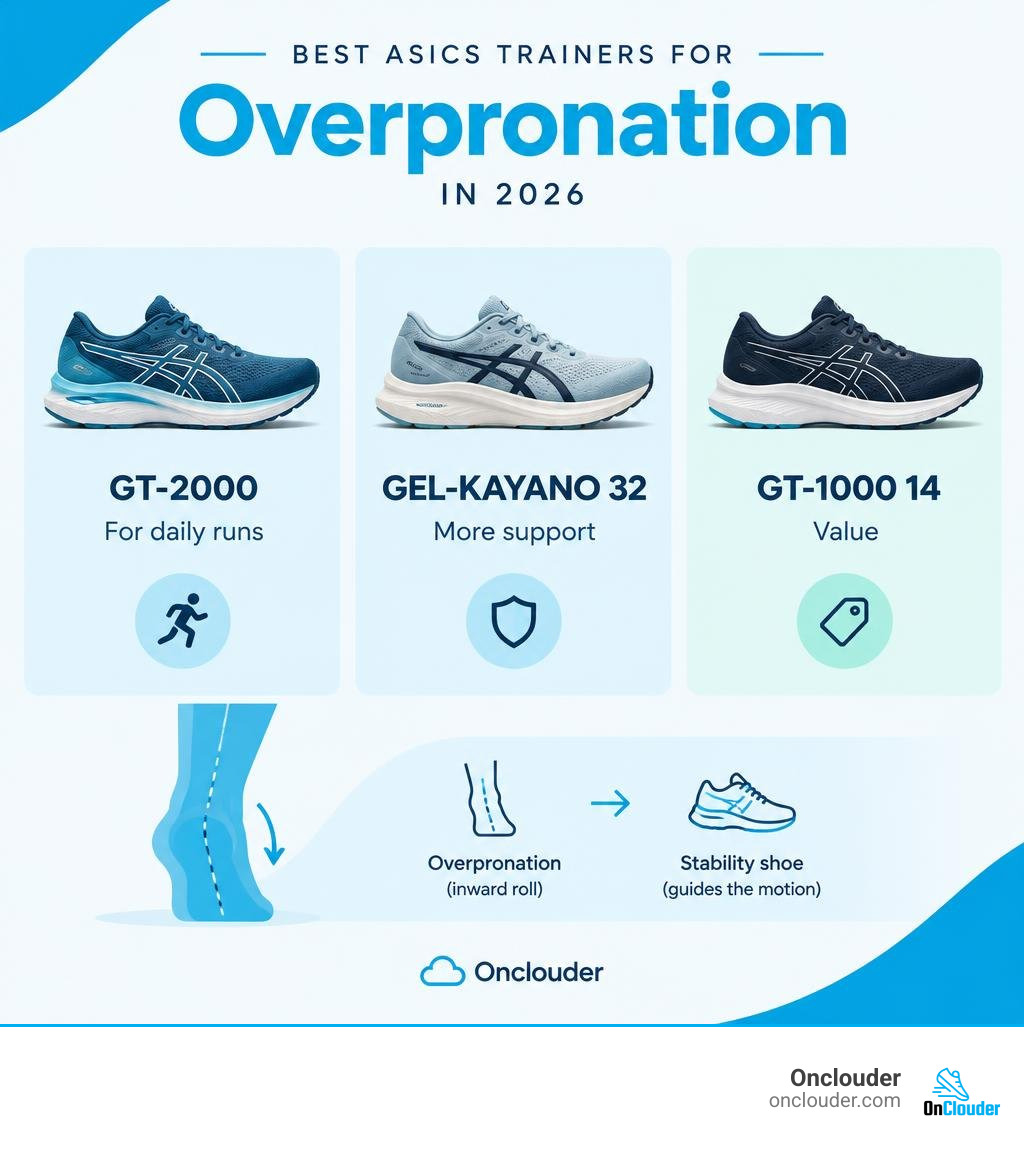 ASICS overpronation picks: GT-2000 for daily runs, GEL-KAYANO 32 for more support, GT-1000 14 for value infographic