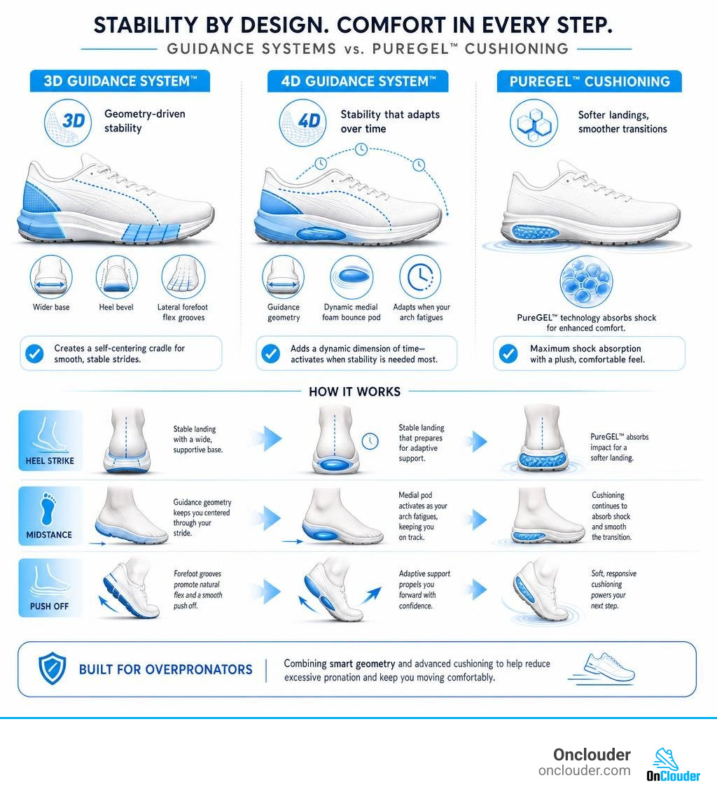 Infographic comparing 3D Guidance System, 4D Guidance System, and PureGEL cushioning shock absorption infographic