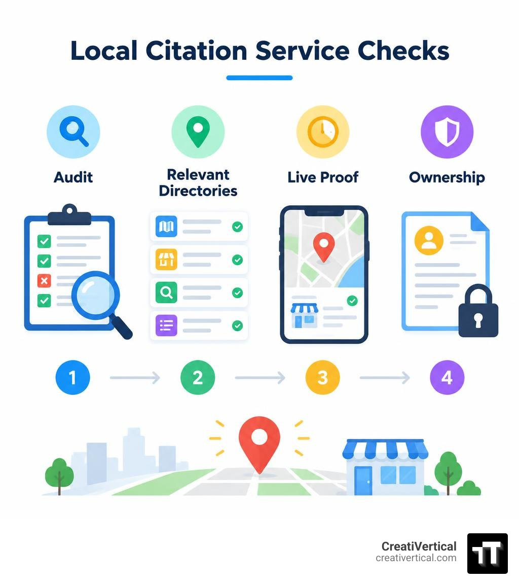 Infographic comparing citation service checks: audit, relevant directories, live proof, and ownership infographic