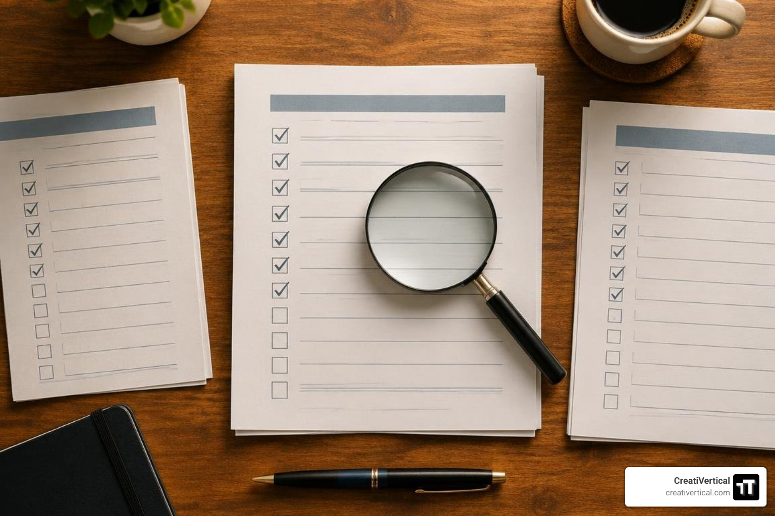 Symmetrical top-down view of an organized desk with printed audit checklists and magnifying glass