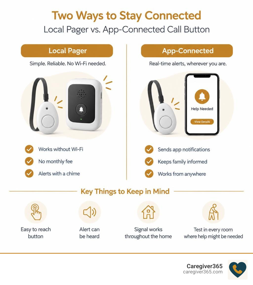 comparison of local pager and app-connected caregiver call buttons for home use infographic