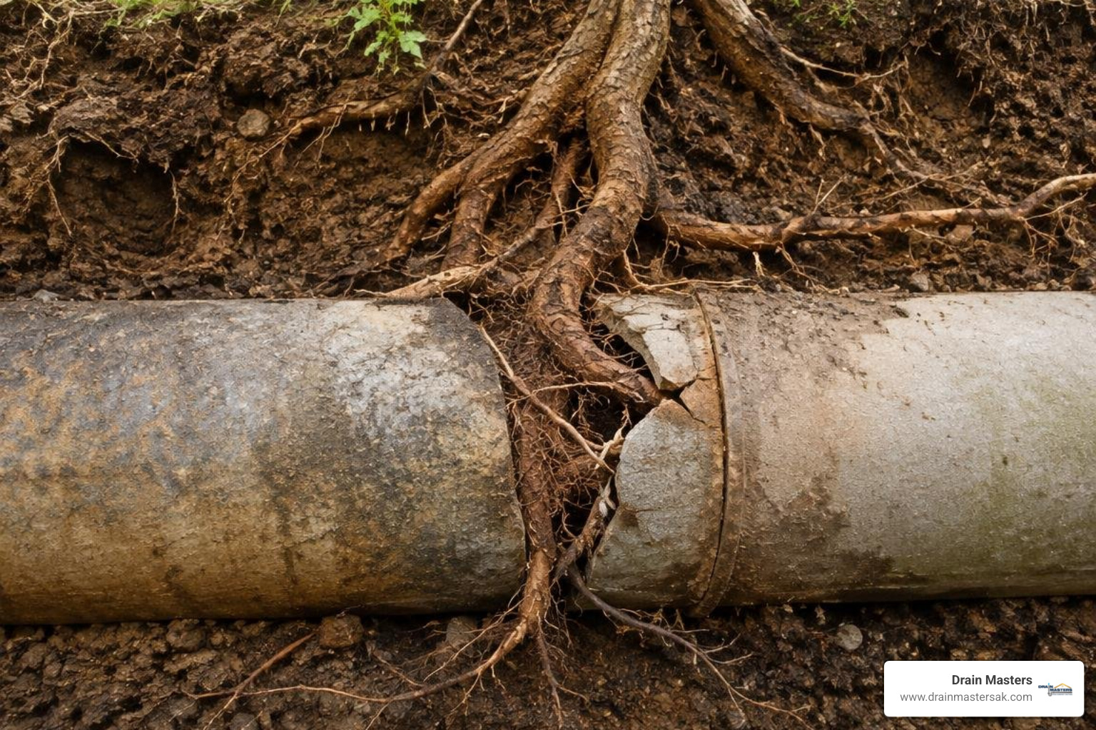 Wide landscape cutaway of tree roots invading a cracked residential drain pipe underground Wide landscape cutaway of tree roots invading a cracked residential drain pipe underground