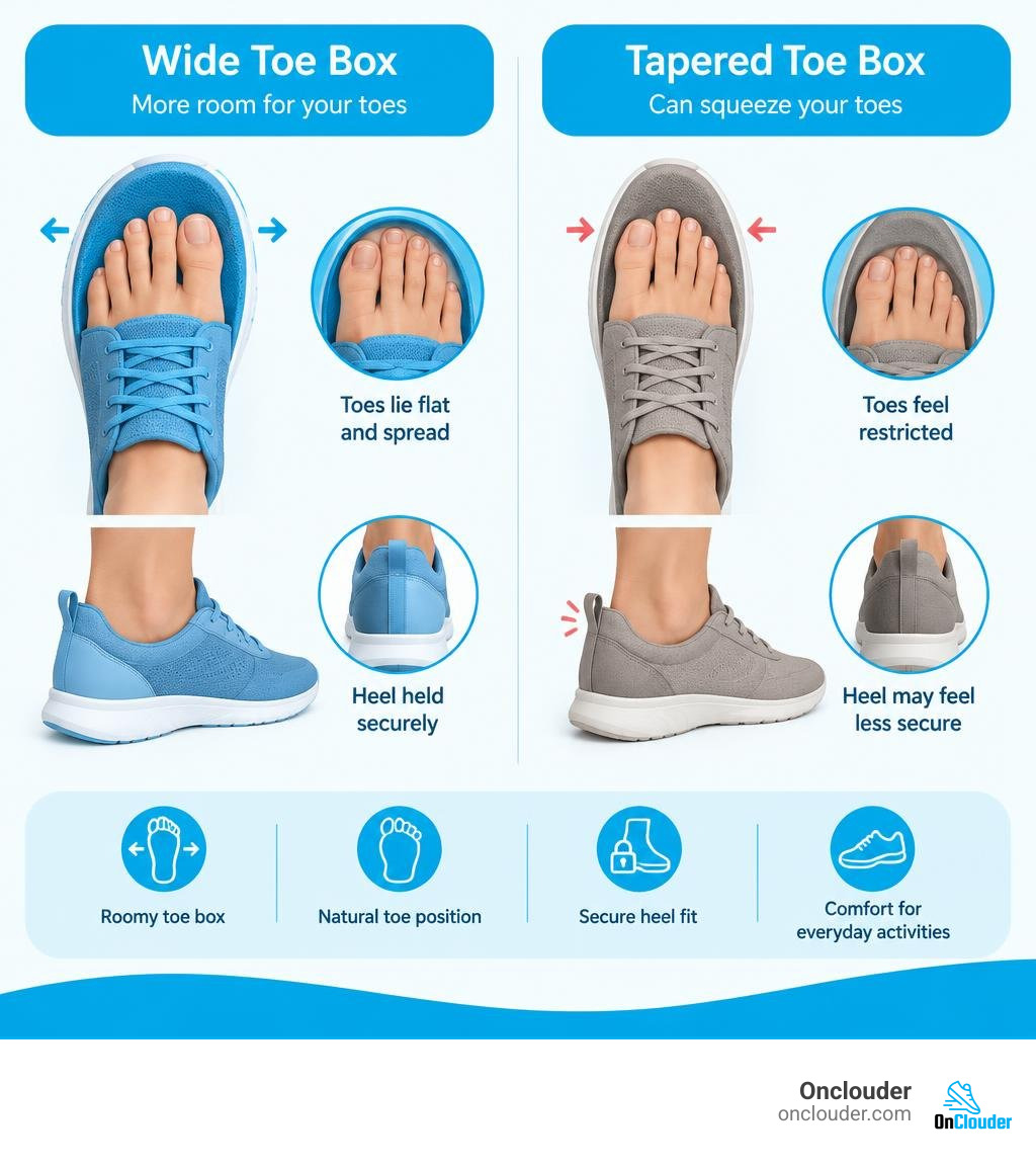 Comparison of a roomy wide toe box and a tapered toe box, showing toe position and heel fit infographic Comparison of a roomy wide toe box and a tapered toe box, showing toe position and heel fit infographic