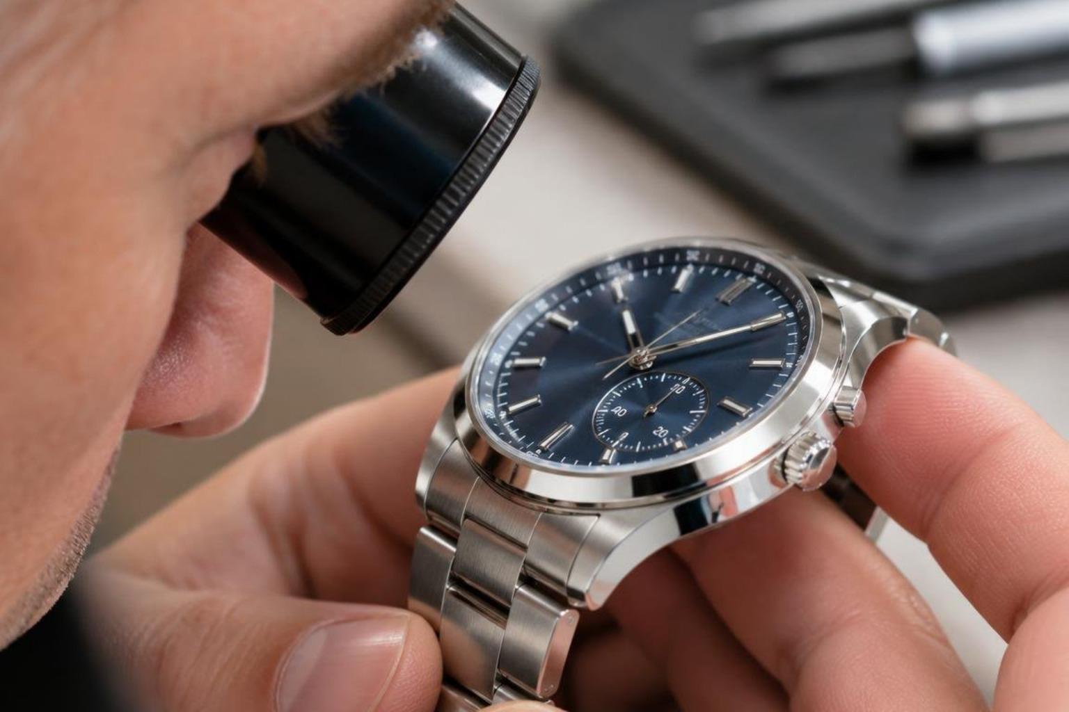 high magnification loupe inspection of a watch dial and case edge high magnification loupe inspection of a watch dial and case edge