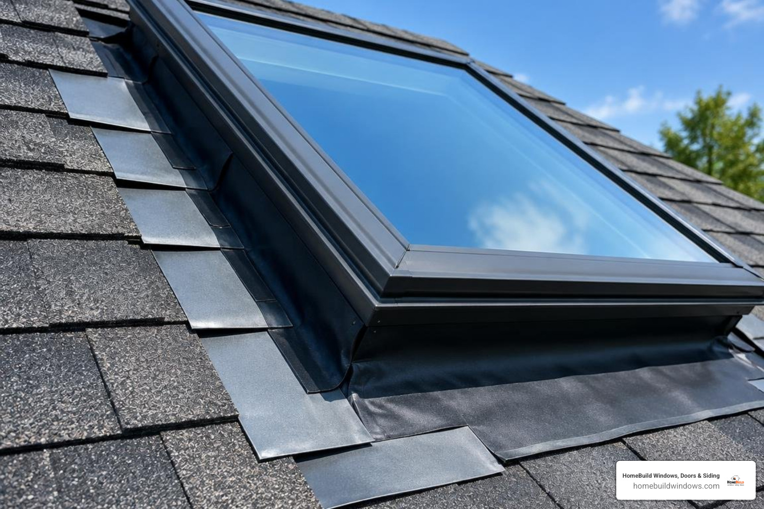 Step flashing and waterproof membrane applied around a skylight base Step flashing and waterproof membrane applied around a skylight base