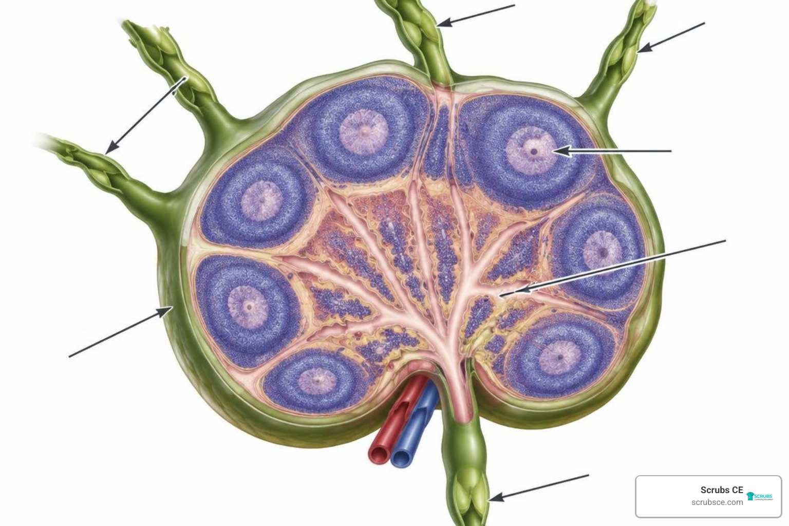 Cross section of a human lymph node showing cortex, medulla, and vessel flow Cross section of a human lymph node showing cortex, medulla, and vessel flow