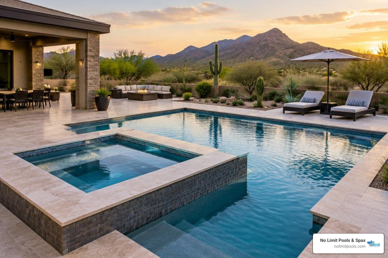 Modern geometric custom swimming pool with integrated spa and travertine decking