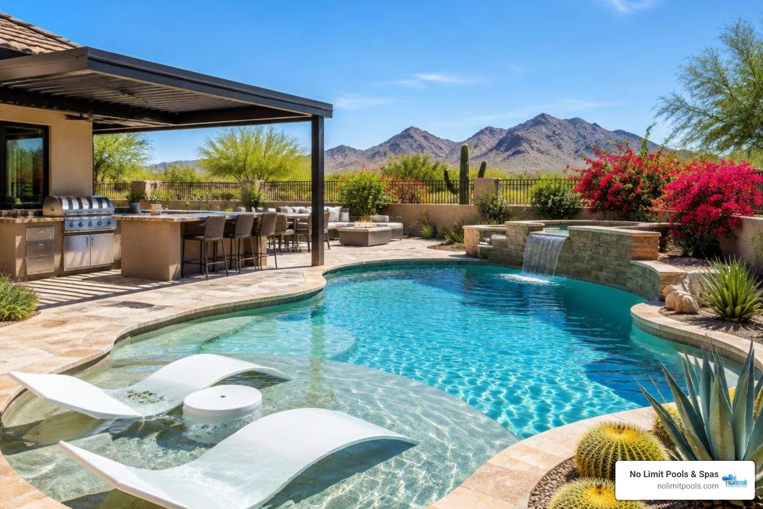 Backyard integration showing pool, outdoor kitchen, pergola, and desert plants
