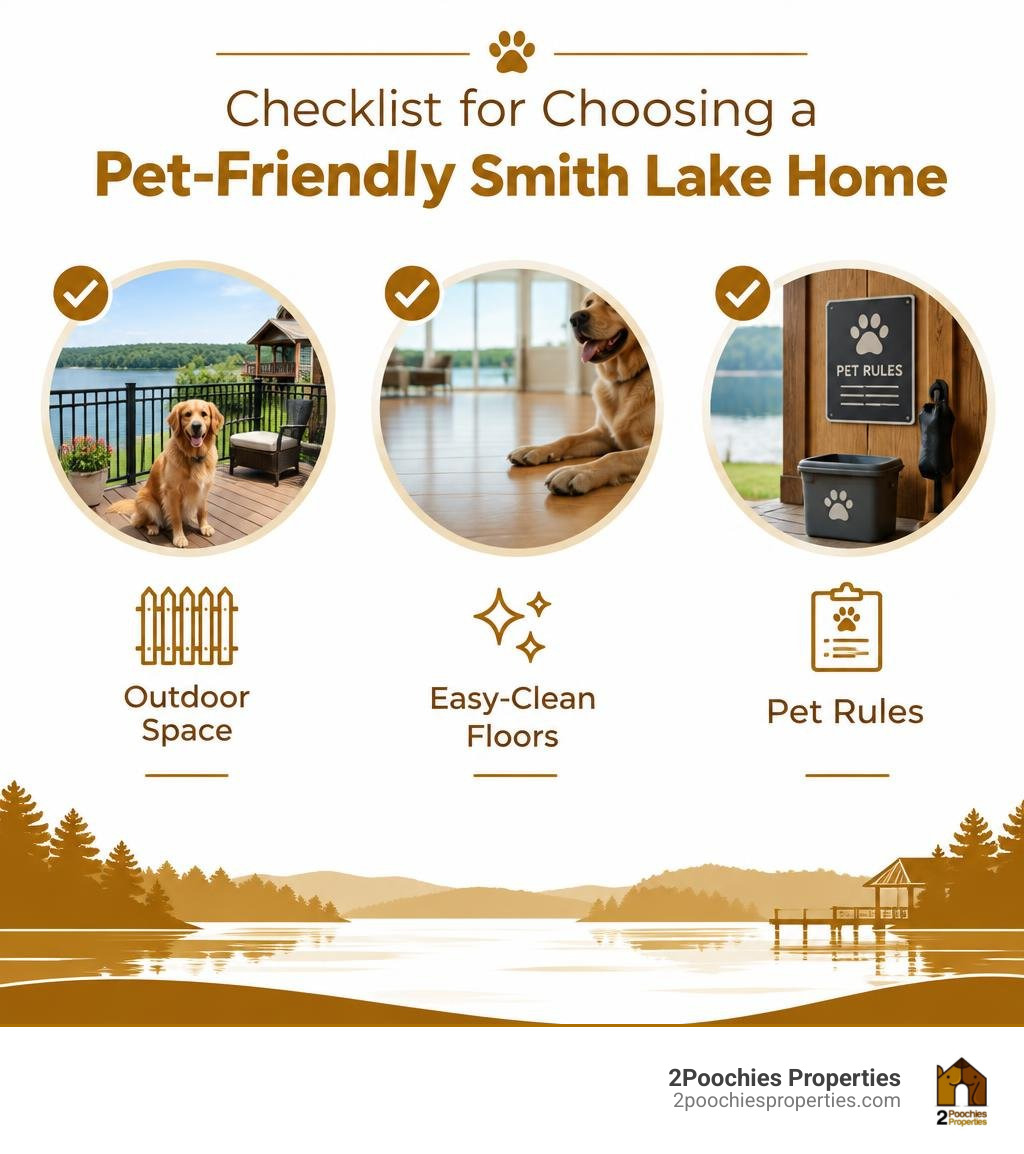 Checklist for choosing a pet-friendly Smith Lake home: outdoor space, easy-clean floors, and pet rules infographic