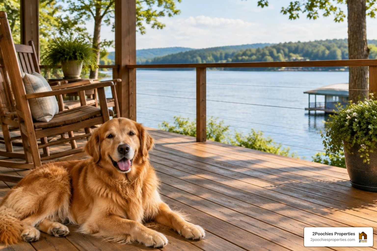 Golden retriever resting comfortably on a shaded lakefront porch overlooking Smith Lake
