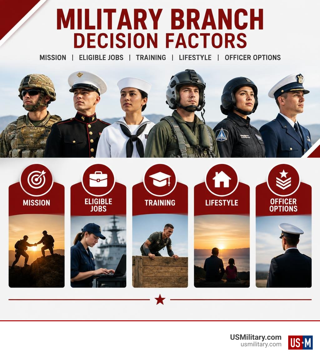 Military branch decision factors: mission, eligible jobs, training, lifestyle, and officer options infographic Military branch decision factors: mission, eligible jobs, training, lifestyle, and officer options infographic