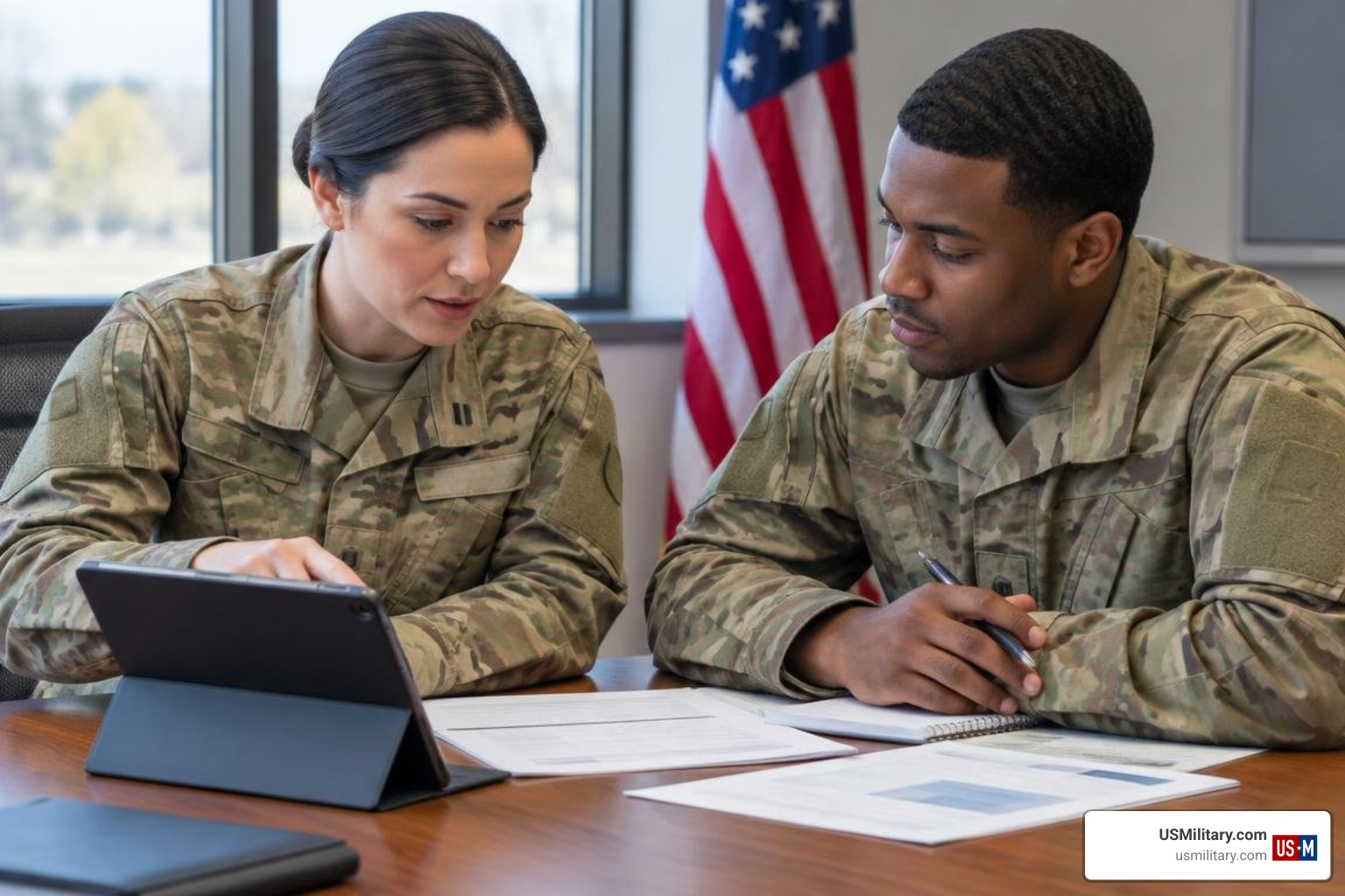 Military officer and enlisted service member reviewing career development plans Military officer and enlisted service member reviewing career development plans