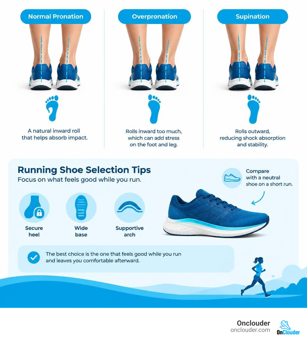 normal pronation versus overpronation and supination, with running shoe selection tips infographic normal pronation versus overpronation and supination, with running shoe selection tips infographic