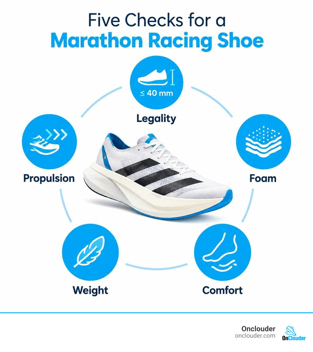 Five checks for a marathon racing shoe: legality, propulsion, foam, weight, and comfort infographic Five checks for a marathon racing shoe: legality, propulsion, foam, weight, and comfort infographic