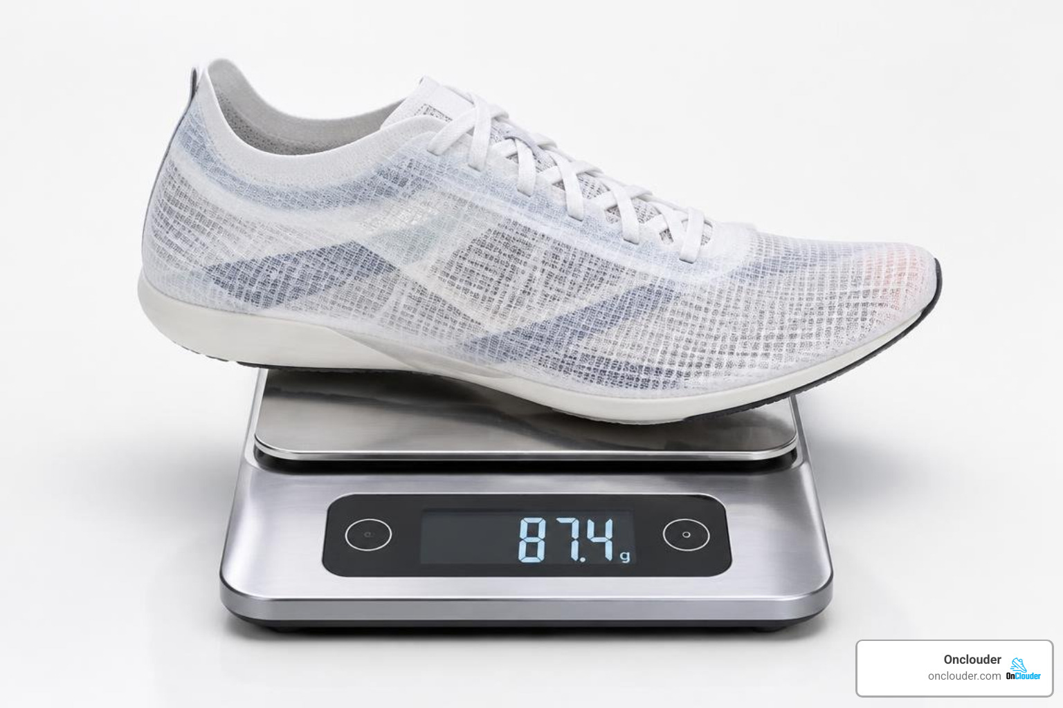 ultra-lightweight racing shoe on a precision scale showing sub-100g weight ultra-lightweight racing shoe on a precision scale showing sub-100g weight